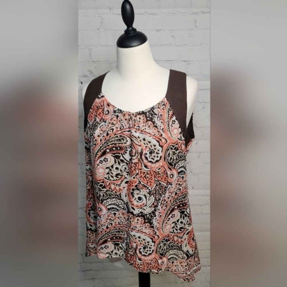 Nue Options Sz M Sleeveless Scoop-neck Tank Top Paisley Brown Shark Bite Hem